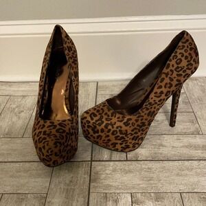 Breckelle's Marisa-31 Leopard Print Platform Stiletto Pumps Tan Black Size 10